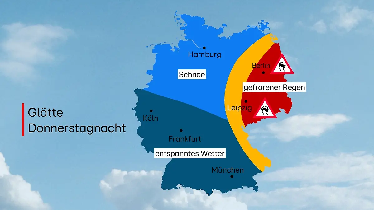 Ab Donnerstagnacht bis weit in den Tag Gefahr von gefrierendem Regen (rot), Schneeglätte (blau). Im gelben Bereich ist beides möglich.