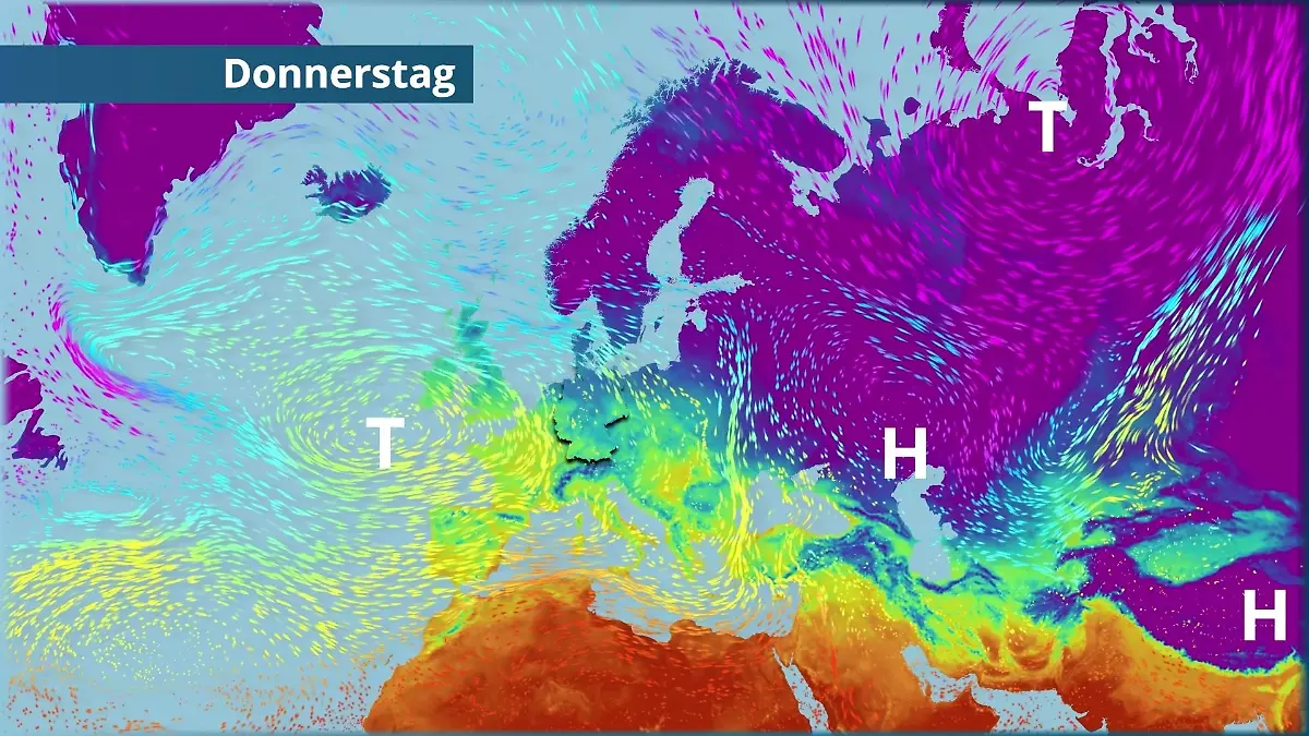 Umzingelt von Tiefdruckgebieten Der Strömungsfilm für Europa für 5 Tage
