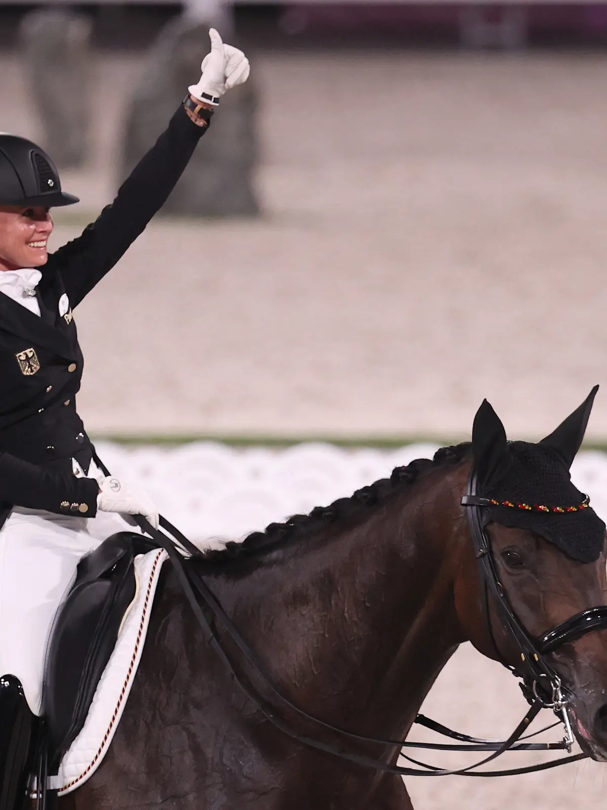 28.07.2021, Japan, Tokio: Pferdesport/Dressur: Olympia, Einzel, Finale im Equestrian Park. Jessica von Bredow-Werndl auf ihrem Pferd Dalera. Foto: Friso Gentsch/dpa +++ dpa-Bildfunk +++