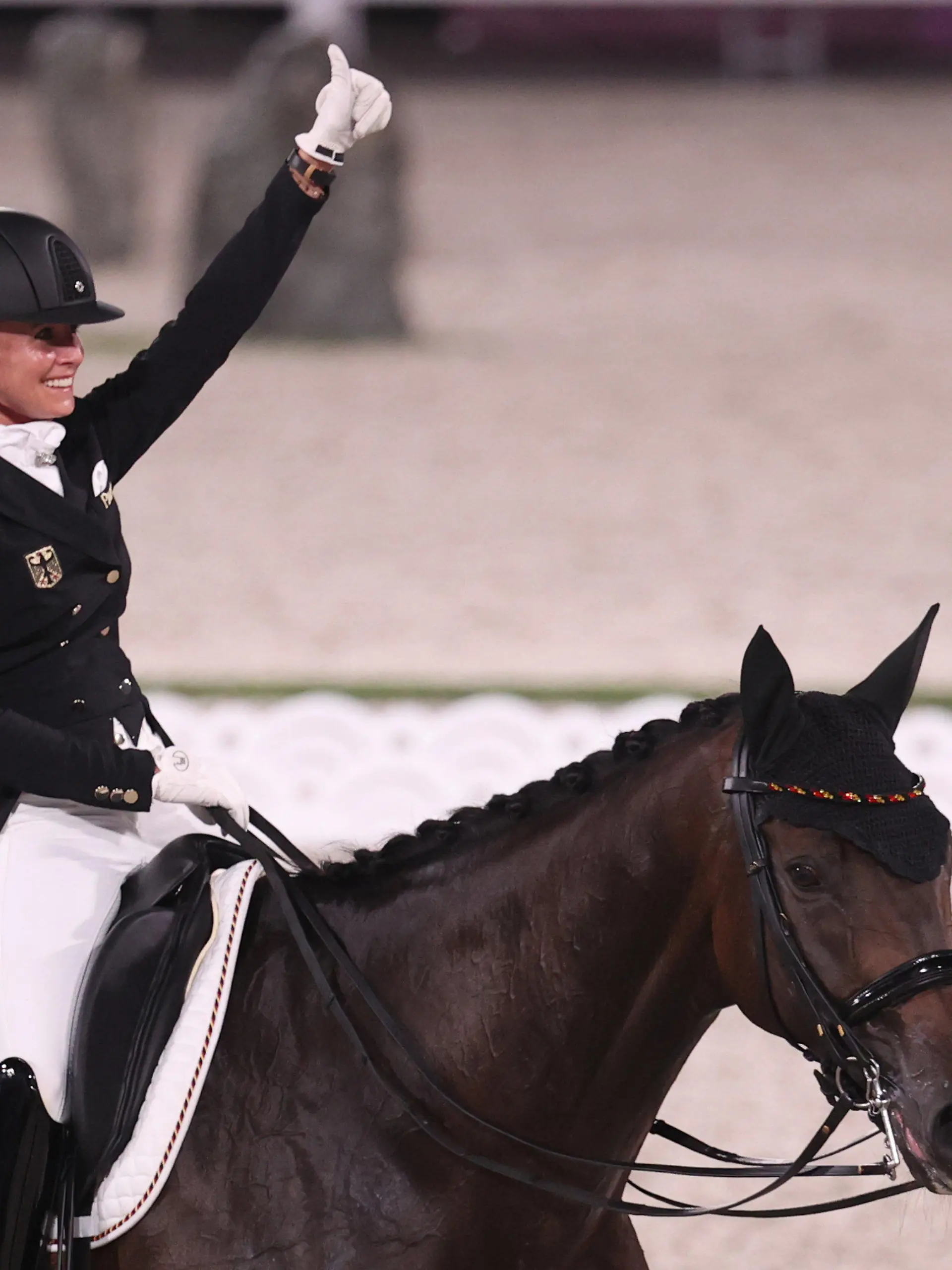 28.07.2021, Japan, Tokio: Pferdesport/Dressur: Olympia, Einzel, Finale im Equestrian Park. Jessica von Bredow-Werndl auf ihrem Pferd Dalera. Foto: Friso Gentsch/dpa +++ dpa-Bildfunk +++
