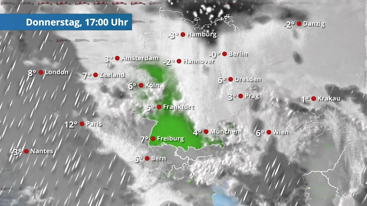 Schnee im Nordosten Deutschlands Der Regen- und Wolkenfilm für 48 Stunden