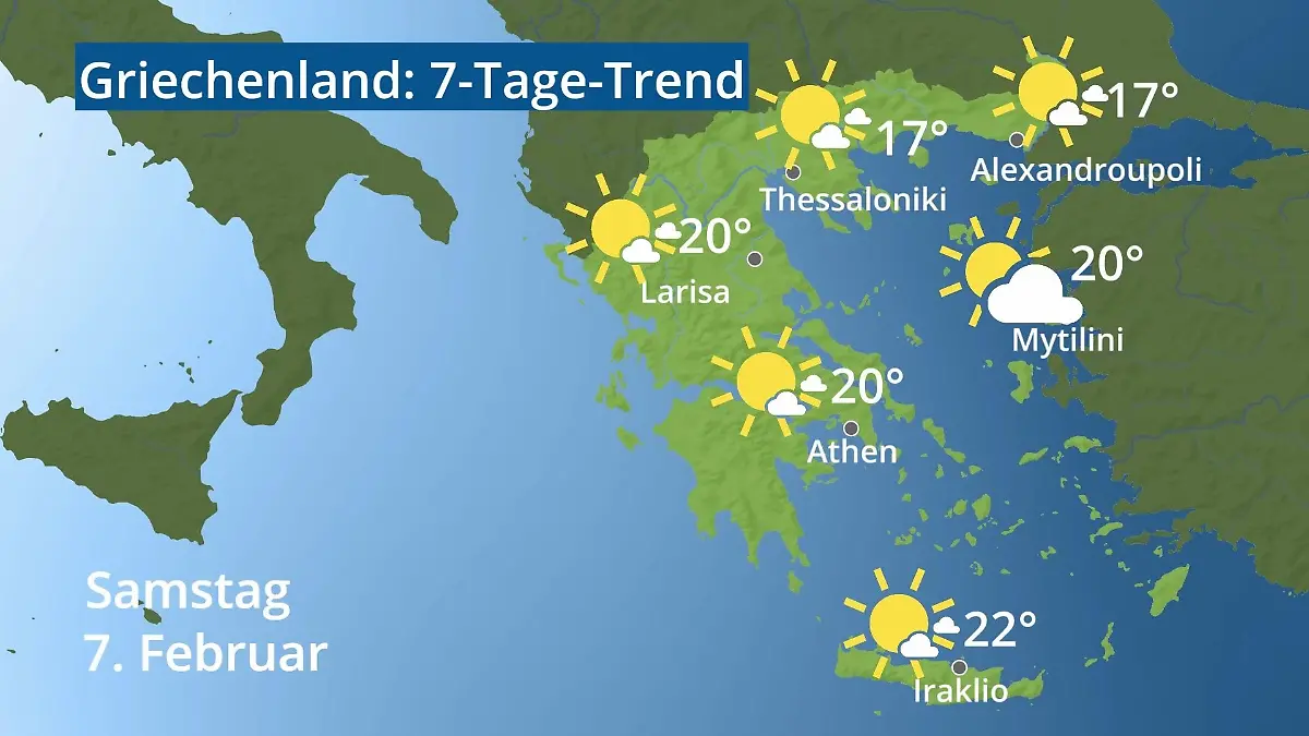 Griechenland: Wie wird das Wetter? Video 7-Tage-Trend: Athen, Kreta, Lesbos