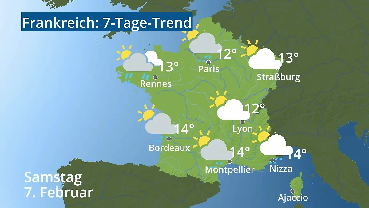 Frankreich: Wie wird das Wetter? Video 7-Tage-Trend: Paris, Straßburg, Nizza, Korsika
