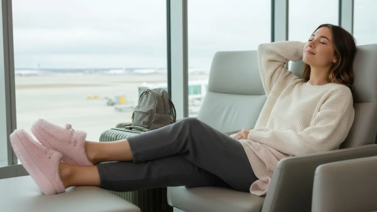 Frau sitzt mit bequemen Slippern am Flughafen-Gate. 