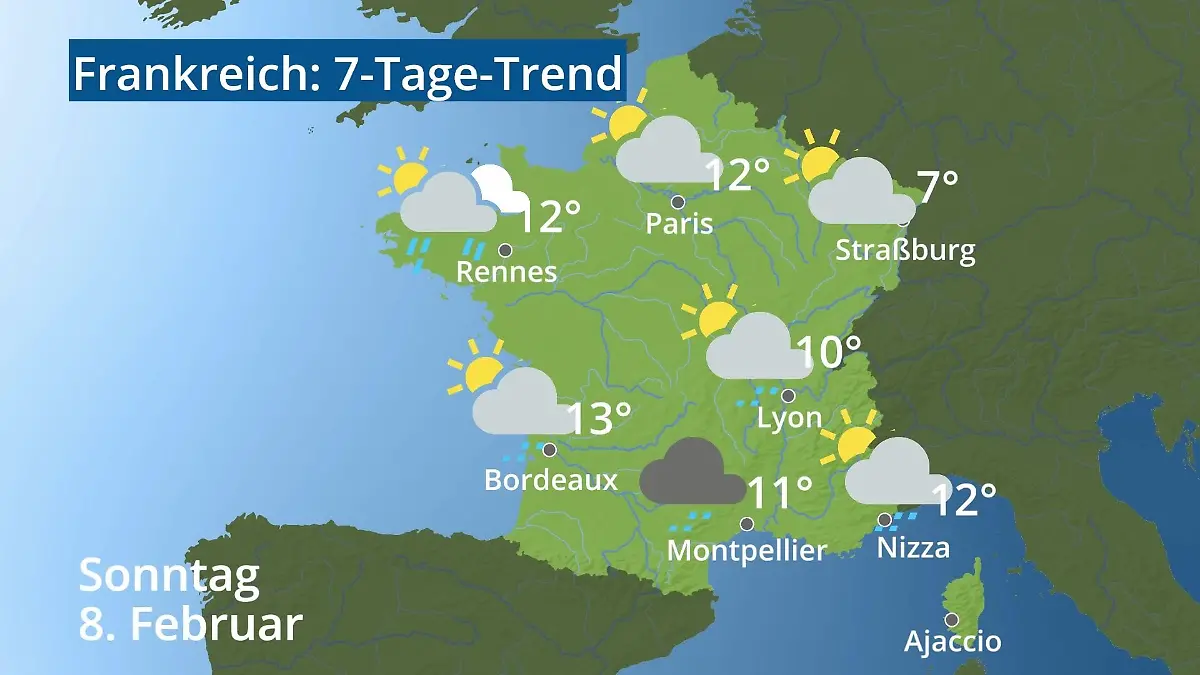 Frankreich: Wie wird das Wetter? Video 7-Tage-Trend: Paris, Straßburg, Nizza, Korsika