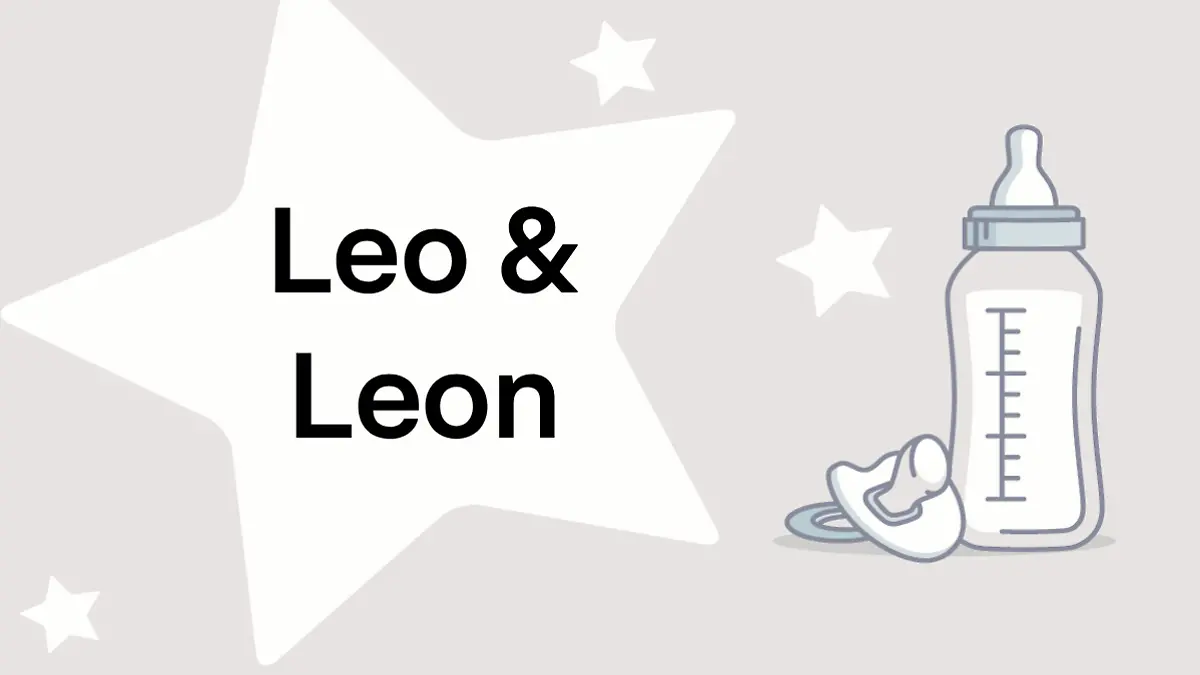 Schriftzug der Vornamen Leo und Leon auf grauem Hintergrund mit Sternen.