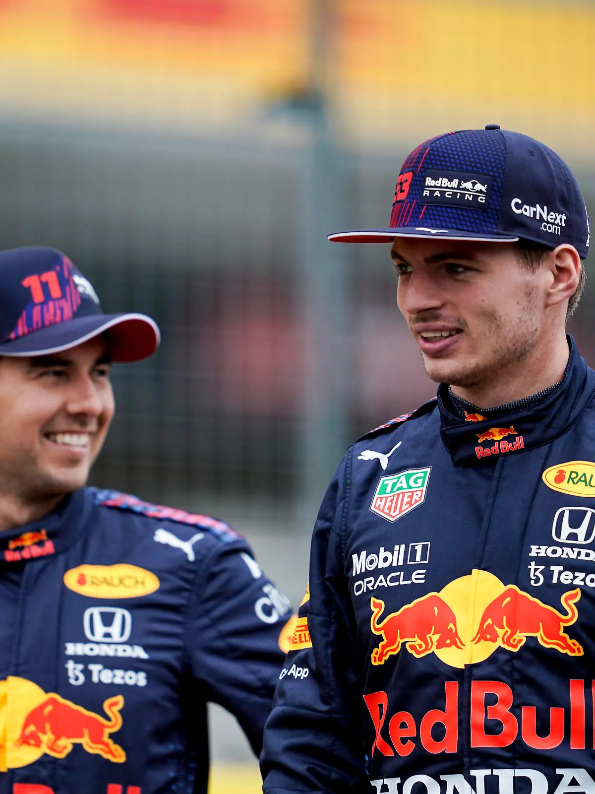  July 15, 2021, Towcester, Great Britain: SERGIO PEREZ of Mexico and Red Bull Racing and MAX VERSTAPPEN of the Netherlands and Red Bull Racing are seen during the presentation of the 2022 Formula 1 car at Silverstone Circuit in Towcester, Great Britain. Towcester Great Britain - ZUMAg147 20210715_zap_g147_049 Copyright: xJamesxGasperottix