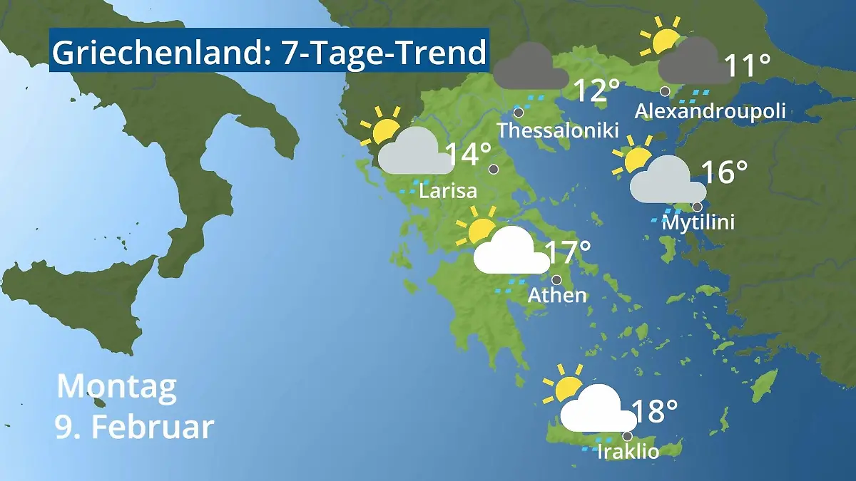 Griechenland: Wie wird das Wetter? Video 7-Tage-Trend: Athen, Kreta, Lesbos