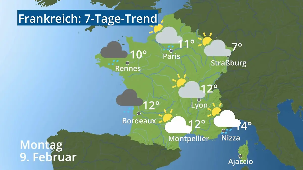 Frankreich: Wie wird das Wetter? Video 7-Tage-Trend: Paris, Straßburg, Nizza, Korsika