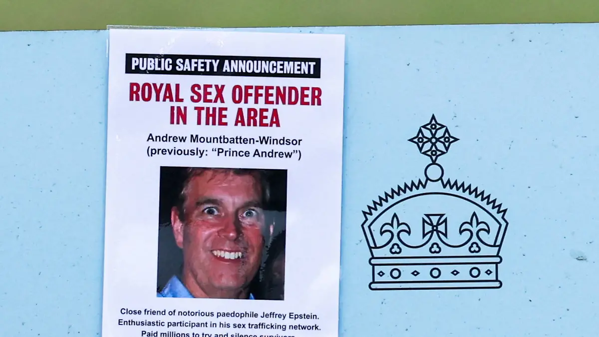 A poster by campaign group 'Everyone Hates Elon' featuring Andrew Mountbatten-Windsor, formerly known as Prince Andrew, is installed on a sign leading to the Sandringham Estate in Wolferton