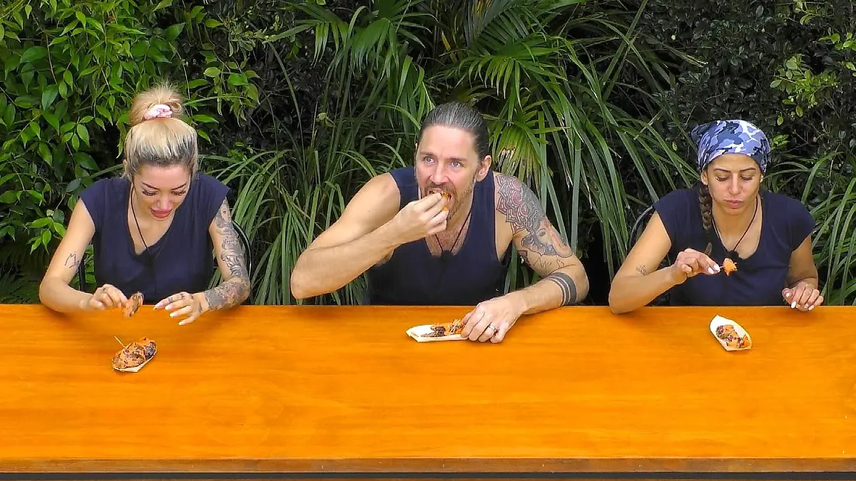 Ariel, Gil Ofarim und Eva Benetatou in der Dschungelprüfung „Grill den Köppen”. Sie kommen als Jury in den Genuss, die Gerichte von „Starkoch Jan-Steffen Köppen” und Ranger Matt zu verkosten.