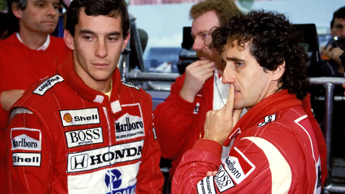 Ayrton Senna -BRA- und Teamkollege Alain Prost -FRA- McLaren MP4/4 F1 GP Monaco 1988