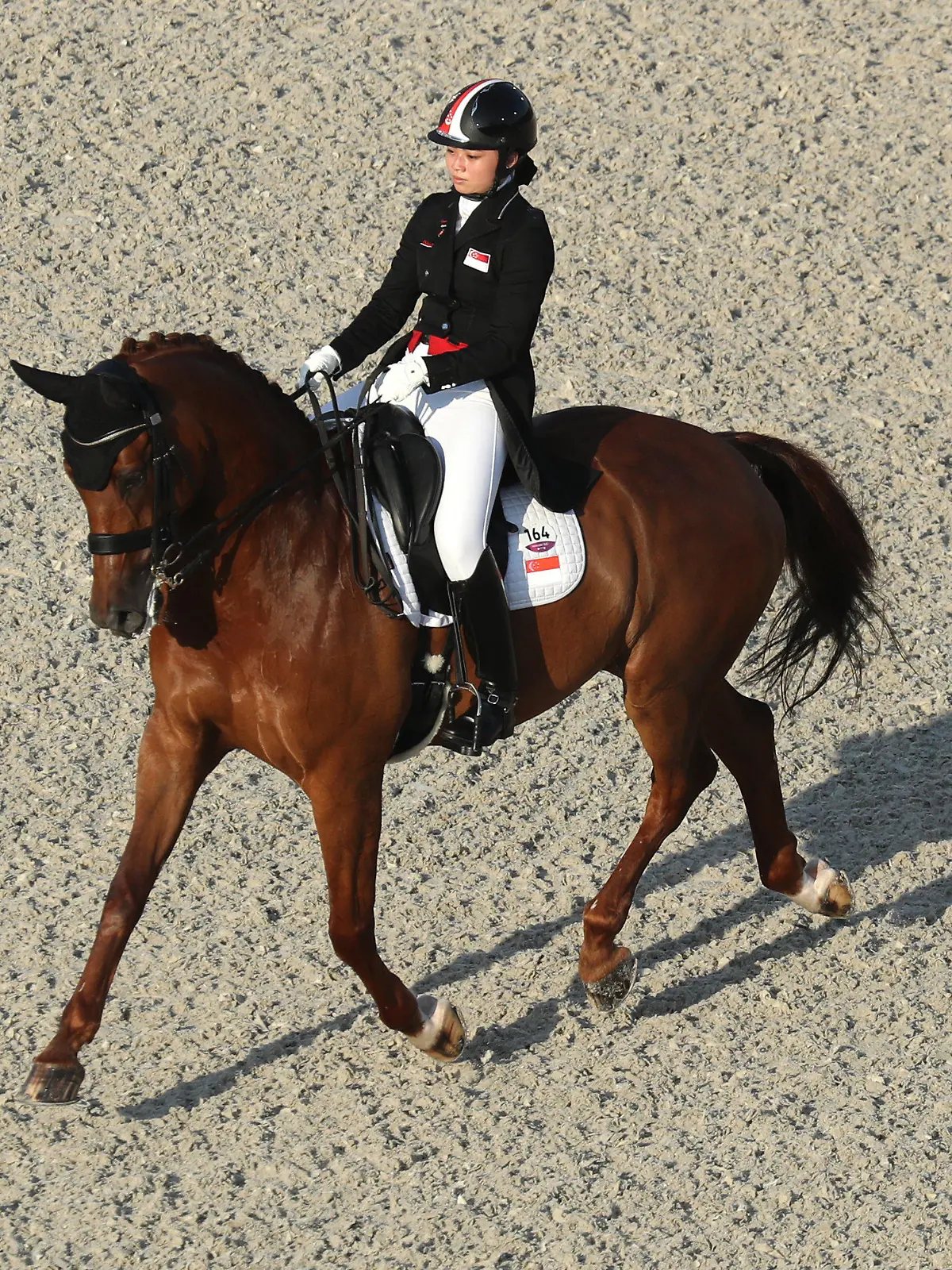 25.07.2021, Japan, Tokio: Pferdesport/Dressur: Olympia, Vorkampf, Einzel, Grand Prix, Baji Koen Equestrian Park. Caroline Chew aus Singapur reitet Pferd Tribiani. Foto: Friso Gentsch/dpa +++ dpa-Bildfunk +++