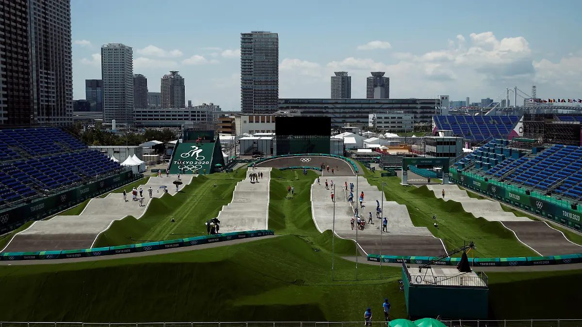 Athletes check the BMX cycling route at the Ariake Urban Sports Park, a Tokyo 2020 Olympic venue, in Tokyo, Japan July 24, 2021.  REUTERS/Androniki Christodoulou