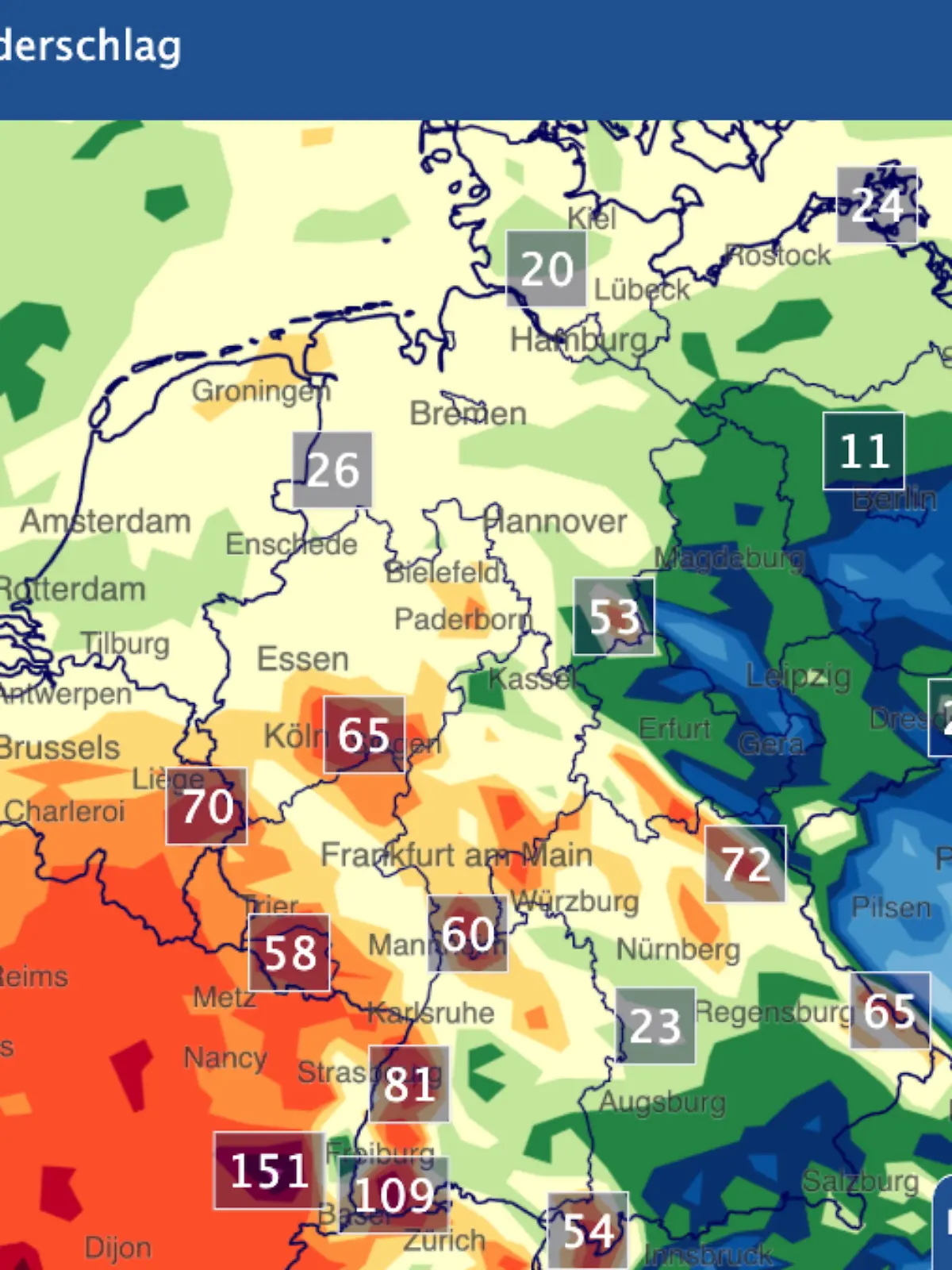 Regenprognose bis einschließlich Freitag