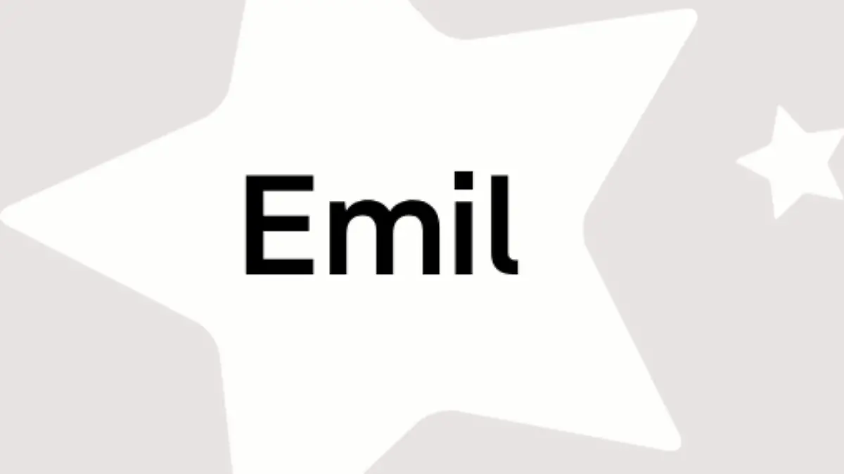 Schriftzug des Vornamens Emil auf grauem Hintergrund mit Sternen