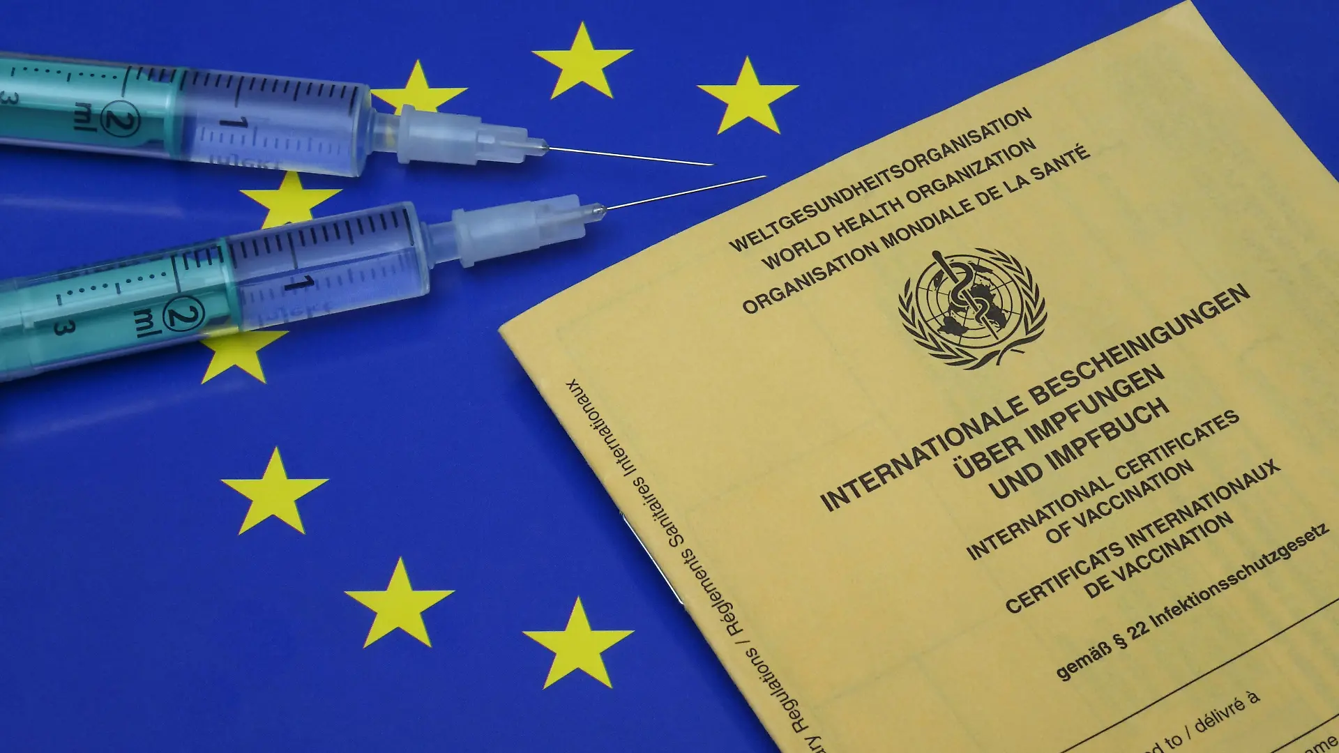 Impfausweis mit Spritzen auf EU-Symbol Impfausweis mit Spritzen auf EU-Symbol, 12.05.2021, Borkwalde, Brandenburg, Auf einem EU-Symbol befinden sich ein Impfausweis und zwei Spritzen. *** Vaccination card with syringes on EU symbol Vaccination card with syringes on EU symbol, 12 05 2021, Borkwalde, Brandenburg, On an EU symbol are a vaccination card and two syringes