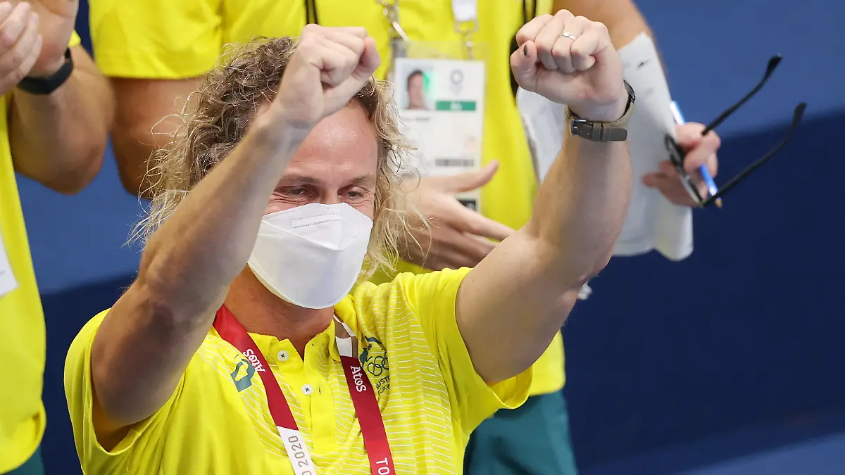 TOKYO, JAPAN - JULY 26: Coach Dean Boxall of Team Australia looks on during the Men's 4 x 100m Freestyle Relay Final on day three of the Tokyo 2020 Olympic Games at Tokyo Aquatics Centre on July 26, 2021 in Tokyo, Japan. (Photo by Davis Ramos/Getty Images)