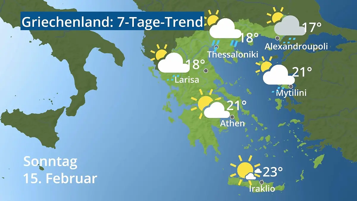 Griechenland: Wie wird das Wetter? Video 7-Tage-Trend: Athen, Kreta, Lesbos