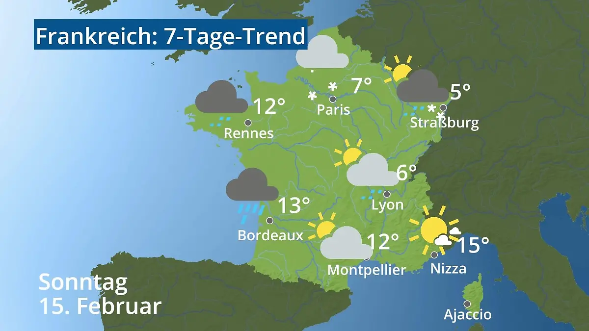 Frankreich: Wie wird das Wetter? Video 7-Tage-Trend: Paris, Straßburg, Nizza, Korsika