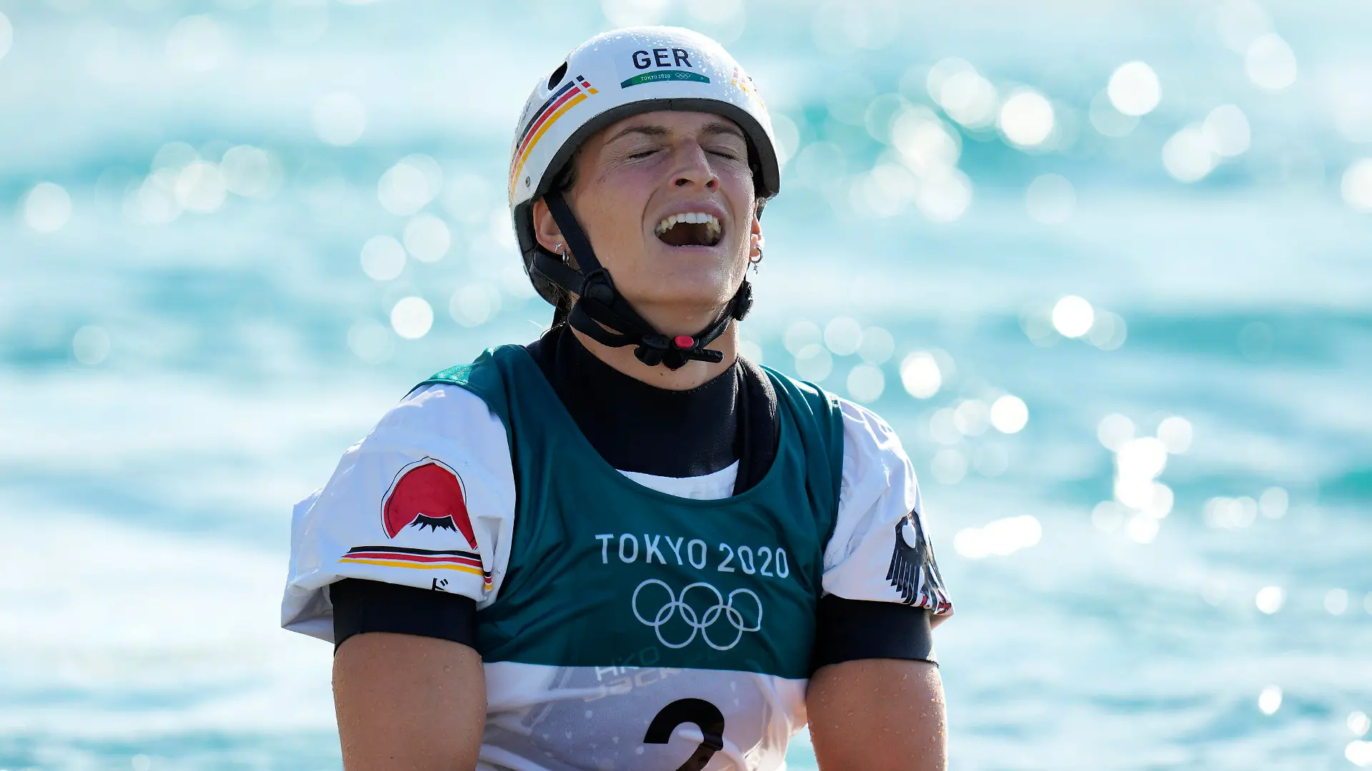 Ricarda Funk of Germany celebrates after crossing the finish line to win gold in the Women's K1 of the Canoe Slalom at the 2020 Summer Olympics, Tuesday, July 27, 2021, in Tokyo, Japan. (AP Photo/Kirsty Wigglesworth)