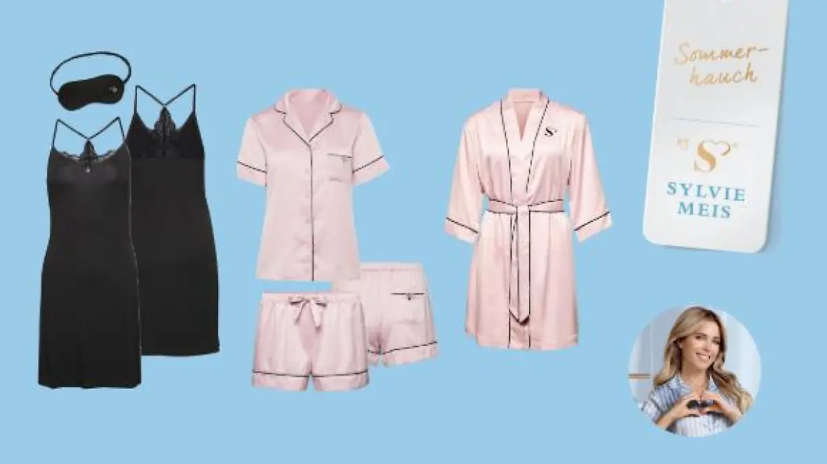 Werbefoto Kollektion auf blauen Hintergrund. Präsentiert wird ein rosa Schlafmantel, ein rosa Schlafanzug und ein schwarzes Neglige´s