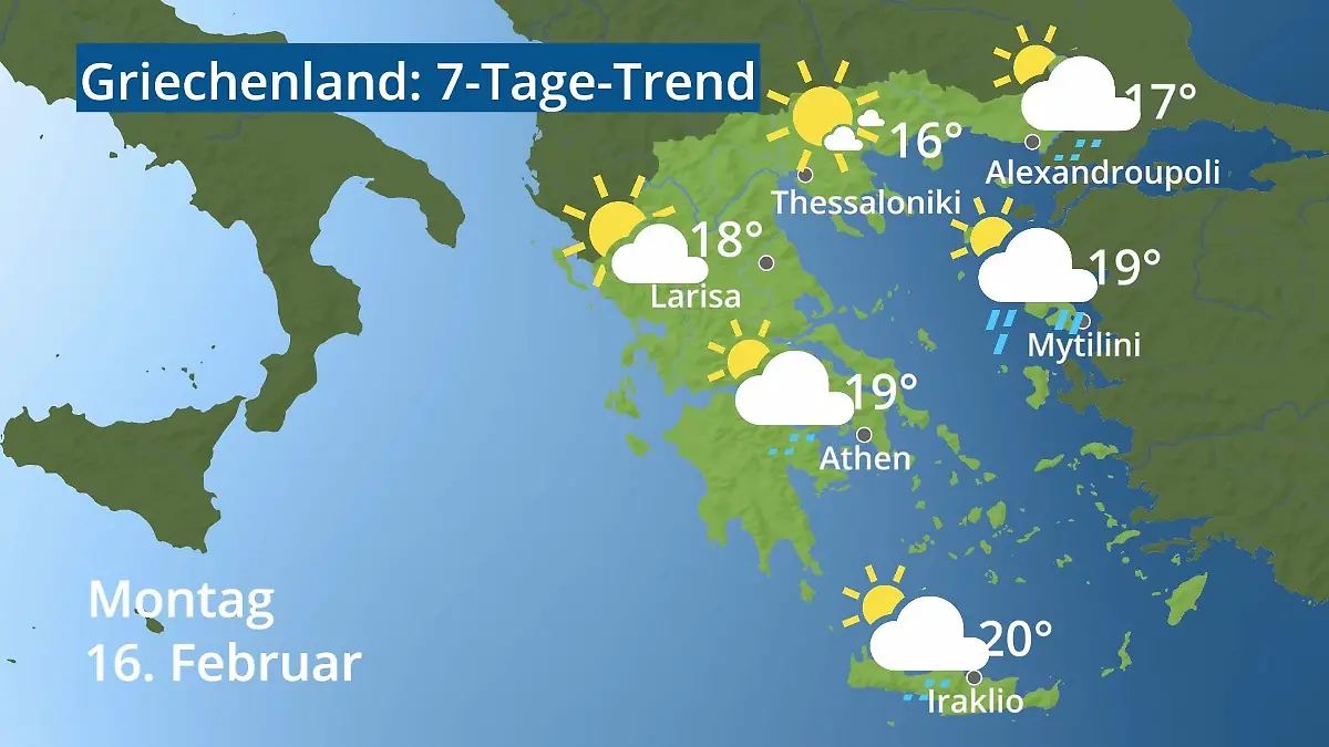 Griechenland: Wie wird das Wetter? Video 7-Tage-Trend: Athen, Kreta, Lesbos