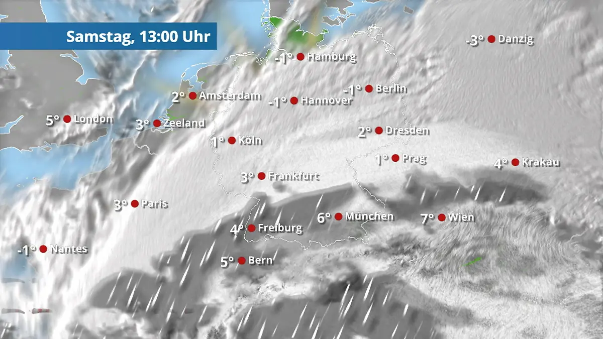Der Regen- und Wolkenfilm für die kommenden 48 Stunden Regen und Schnee