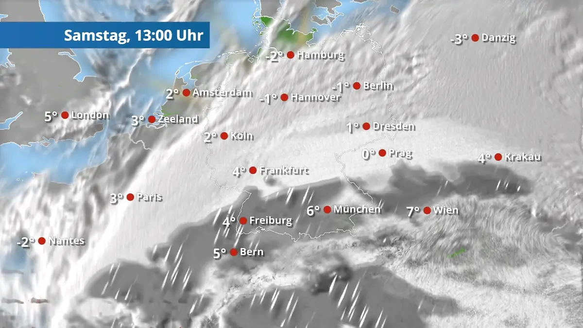 Auch im Süden geht der Regen in Schnee mit Glätte über Der Regen- und Wolkenfilm für 48 Stunden