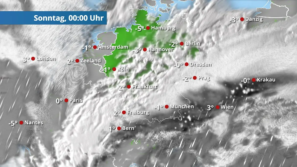 Der Regen- und Wolkenfilm für die kommenden 48 Stunden Regen und Schnee