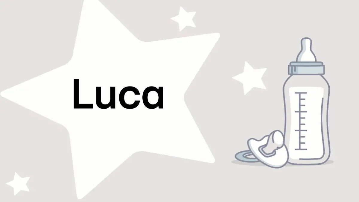 Schriftzug des Vornamens Luca auf grauem Hintergrund mit Sternen