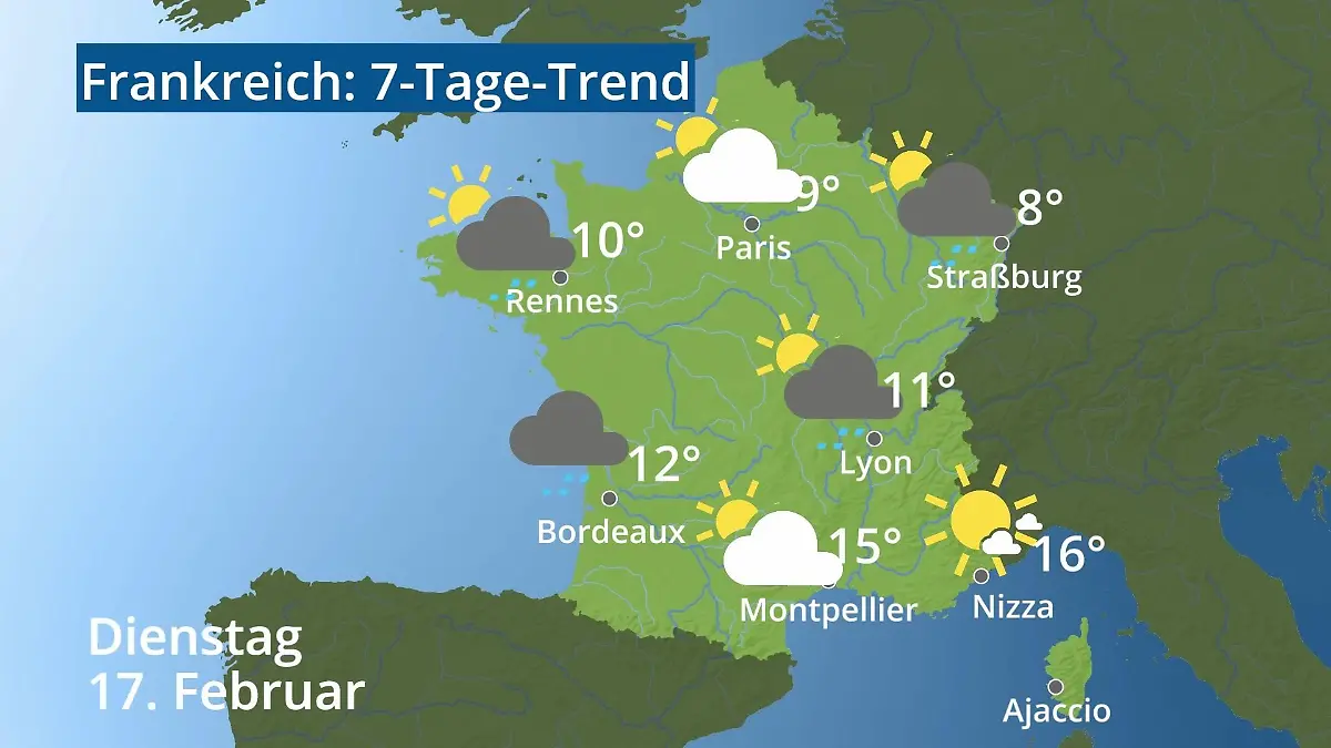 Frankreich: Wie wird das Wetter? Video 7-Tage-Trend: Paris, Straßburg, Nizza, Korsika