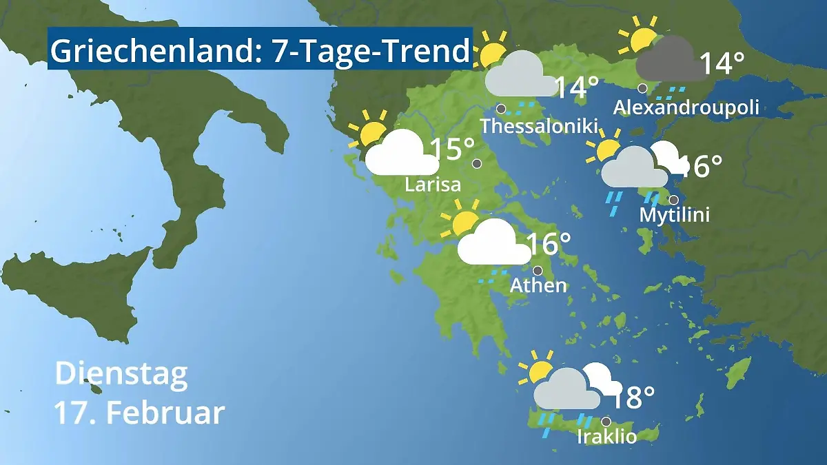 Griechenland: Wie wird das Wetter? Video 7-Tage-Trend: Athen, Kreta, Lesbos