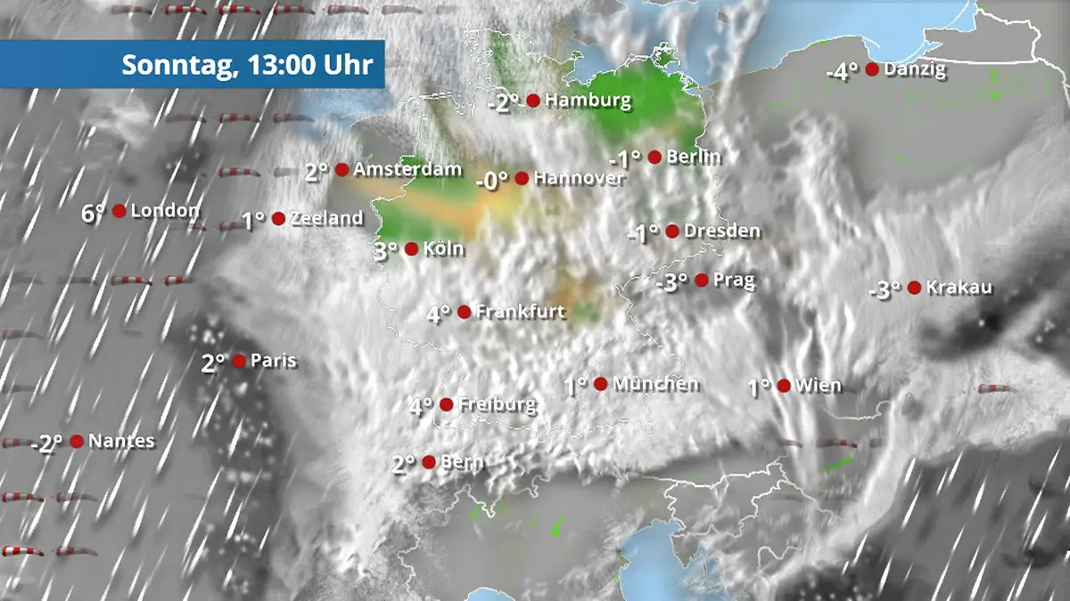 Der Regen- und Wolkenfilm für die kommenden 48 Stunden Regen und Schnee
