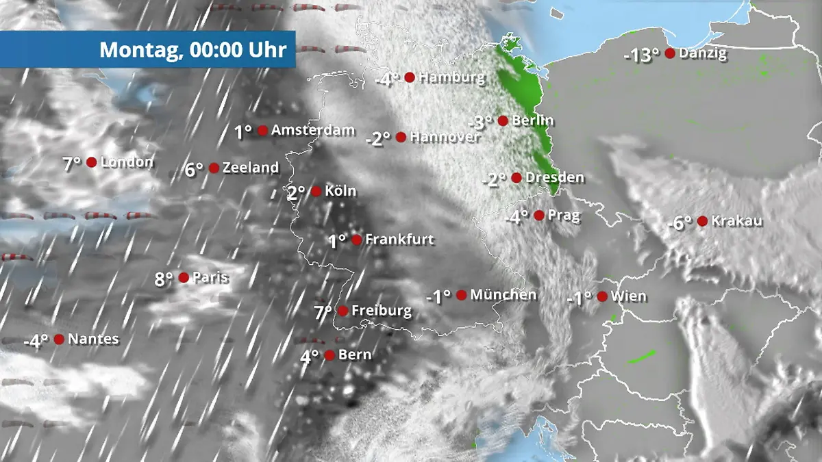 Der Regen- und Wolkenfilm für die kommenden 48 Stunden Regen und Schnee