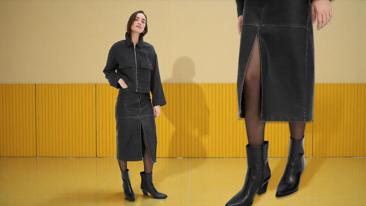 Model trägt Rock in Lederoptik von Bonprix.