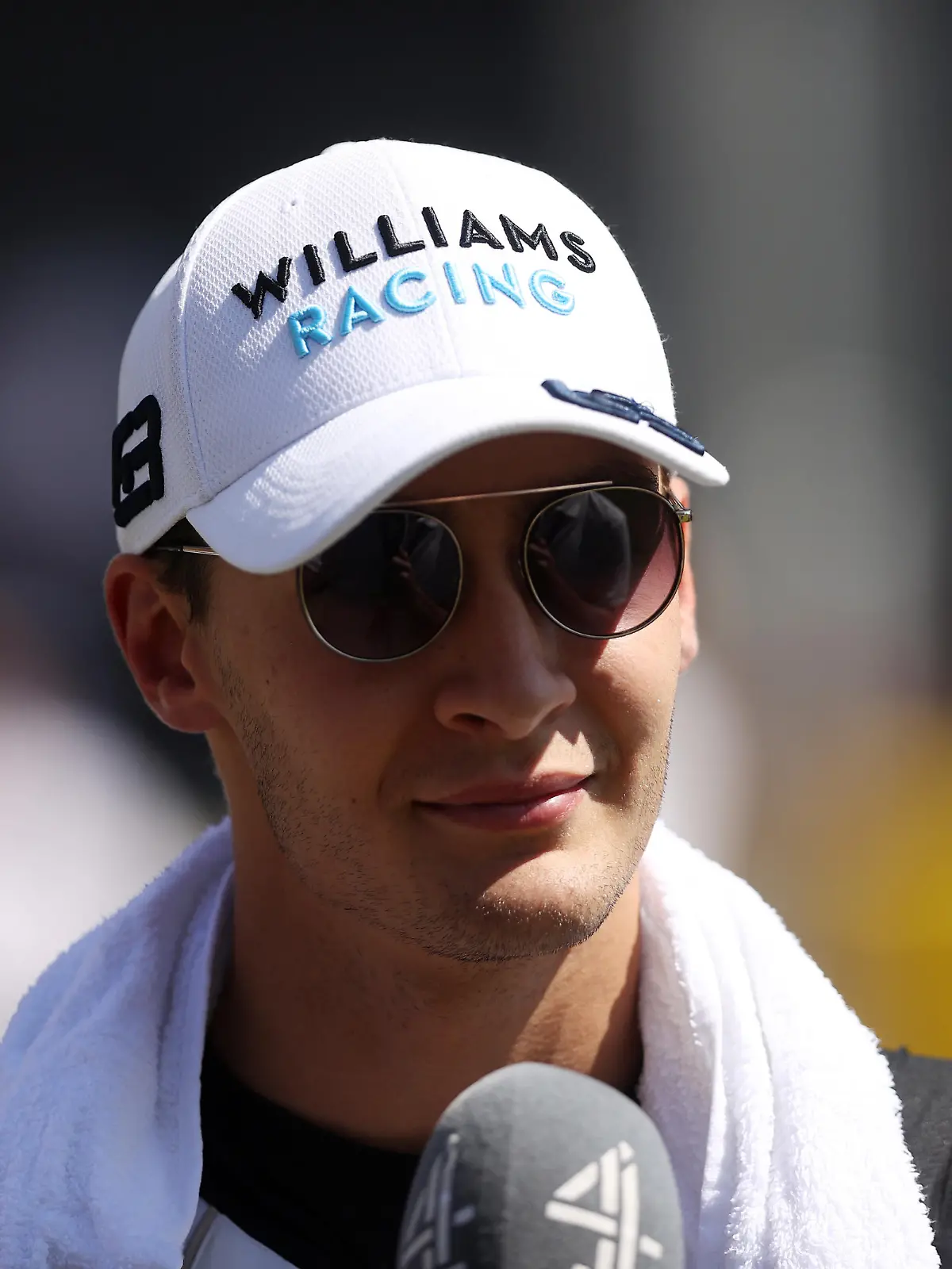 Formula One F1 - British Grand Prix - Silverstone Circuit, Silverstone, Britain - July 18, 2021 Williams' George Russell being interviewed before the race Pool via REUTERS/Lars Baron