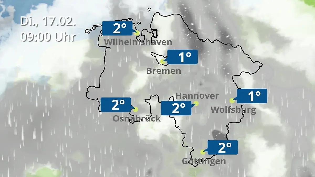 Bremen und Niedersachsen: Wie wird das Wetter? Regen- und Wolkenfilm für Hannover, Osnabrück und Wolfsburg