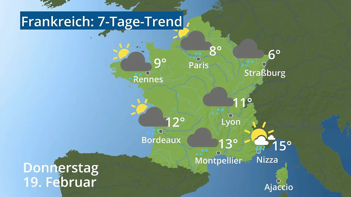 Frankreich: Wie wird das Wetter? Video 7-Tage-Trend: Paris, Straßburg, Nizza, Korsika