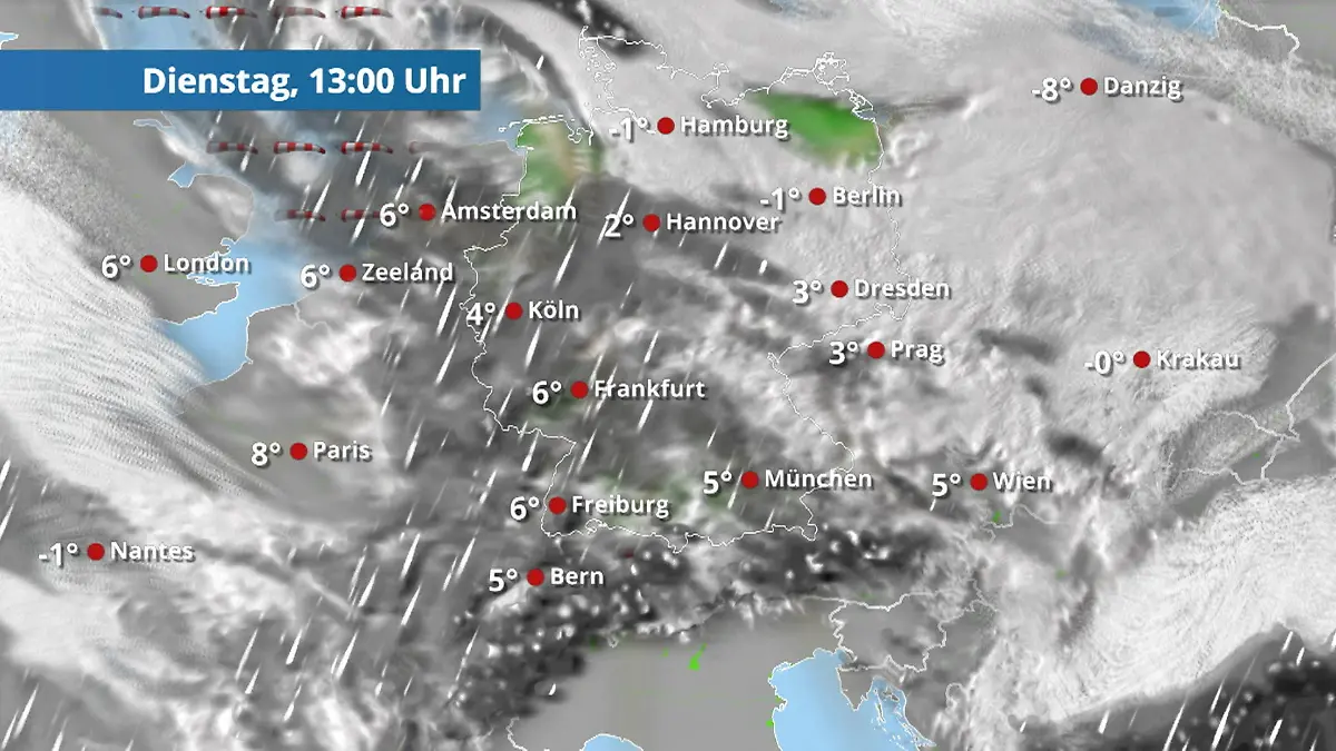 Der Regen- und Wolkenfilm für die kommenden 48 Stunden Regen und Schnee