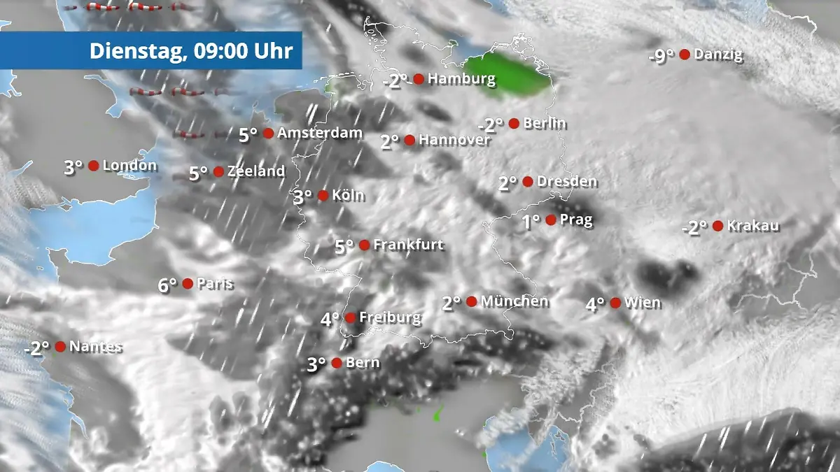 Schnee und Glätte im Osten sowie auf den Bergen Der Regen- und Wolkenfilm für 48 Stunden