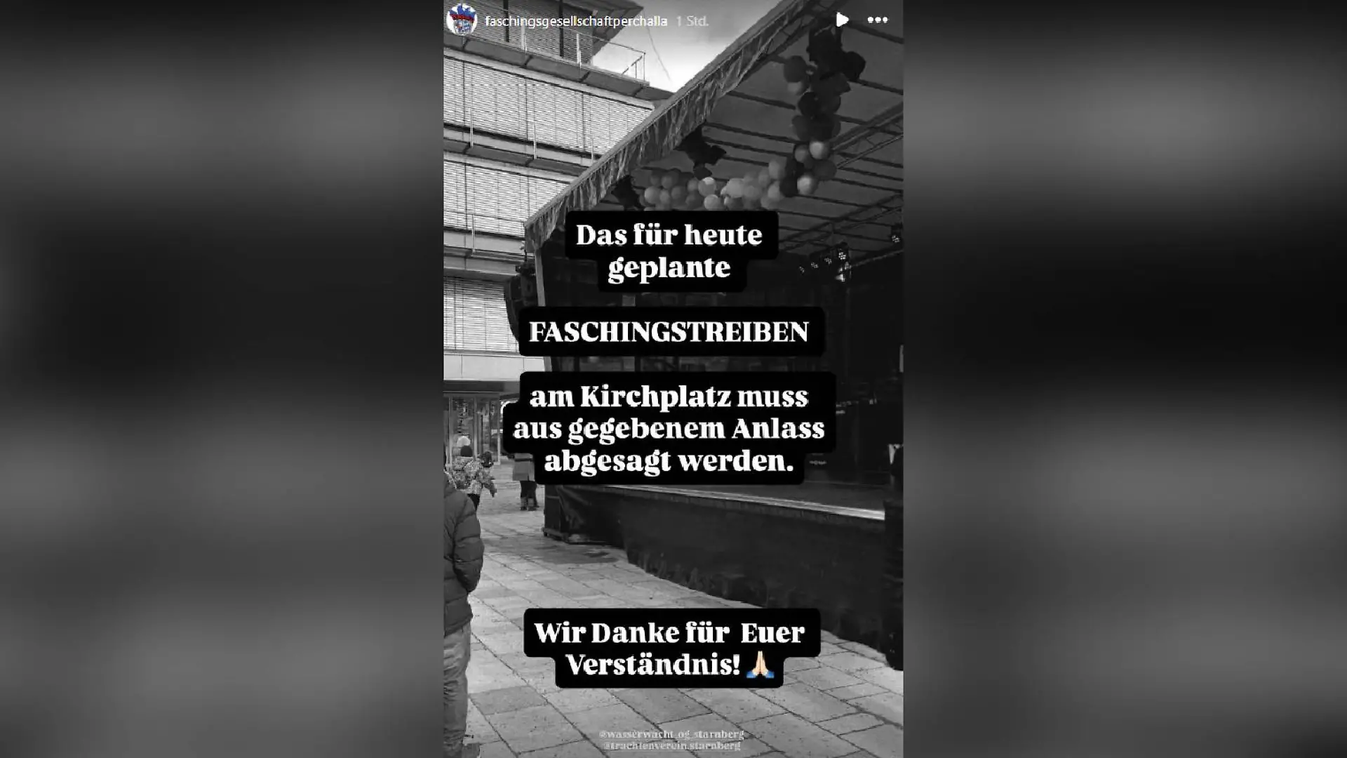 Mit diesen Worten sagt die Faschings-Gesellschaft die Feierlichkeiten ab