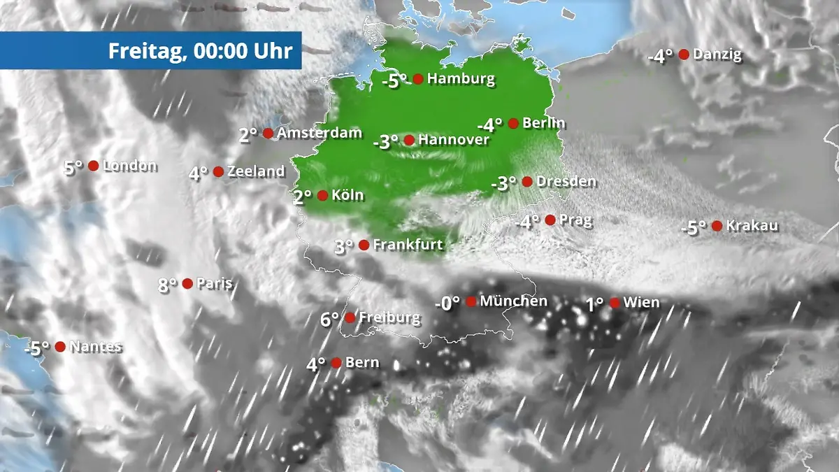Teils kräftiger Schneefall im Süden und in den Alpen Der Regen- und Wolkenfilm für 48 Stunden