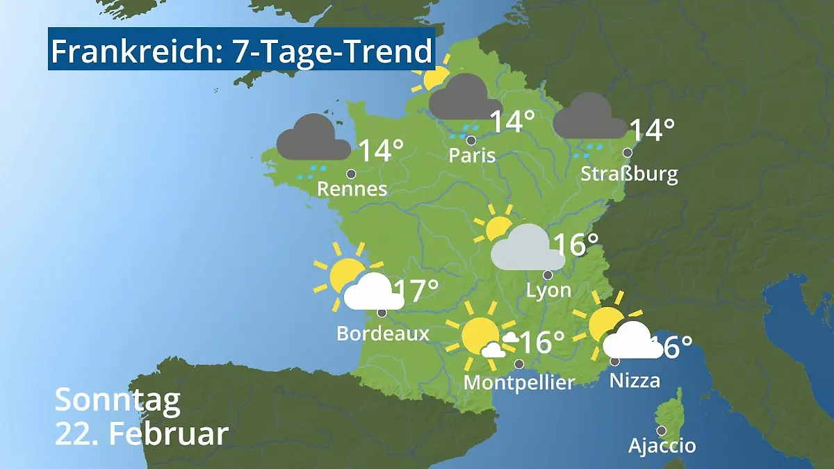 Frankreich: Wie wird das Wetter? Video 7-Tage-Trend: Paris, Straßburg, Nizza, Korsika