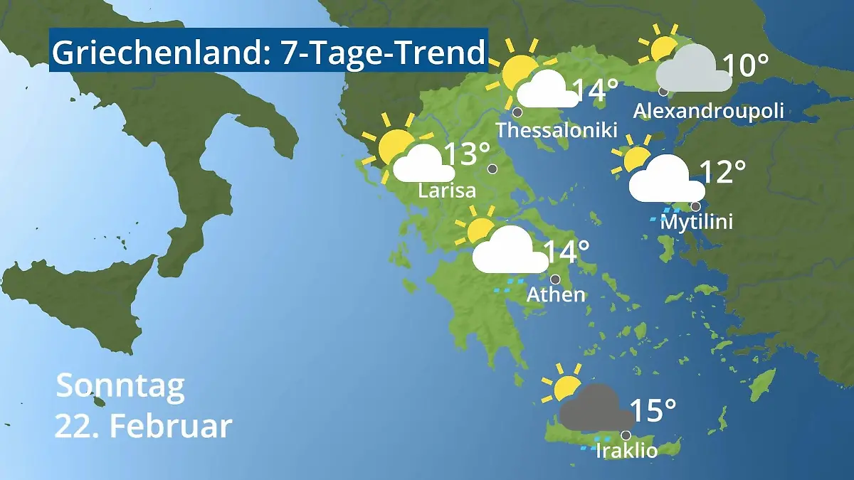 Griechenland: Wie wird das Wetter? Video 7-Tage-Trend: Athen, Kreta, Lesbos
