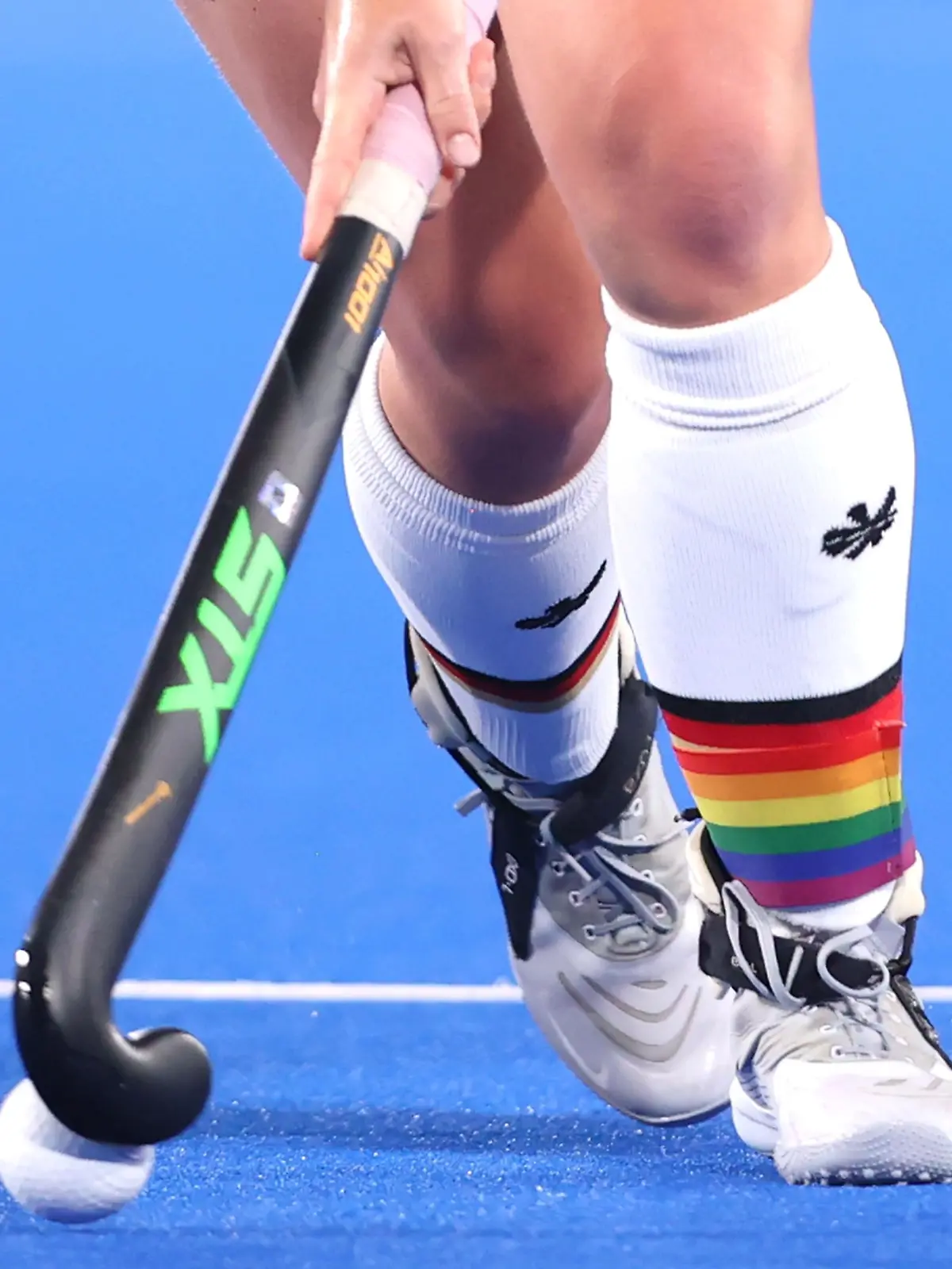 TOKYO, JAPAN - JULY 26: A detailed view of the band worn by Nike Lorenz #4 of Team Germany during the Women's Preliminary Pool A match between Germany and India on day three of the Tokyo 2020 Olympic Games at Oi Hockey Stadium on July 26, 2021 in Tokyo, Japan. (Photo by Alexander Hassenstein/Getty Images)