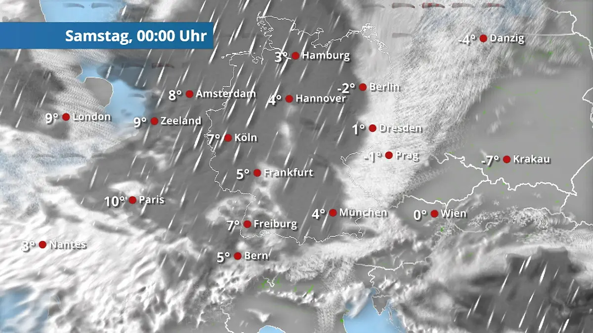 Der Regen- und Wolkenfilm für die kommenden 48 Stunden Regen und Schnee