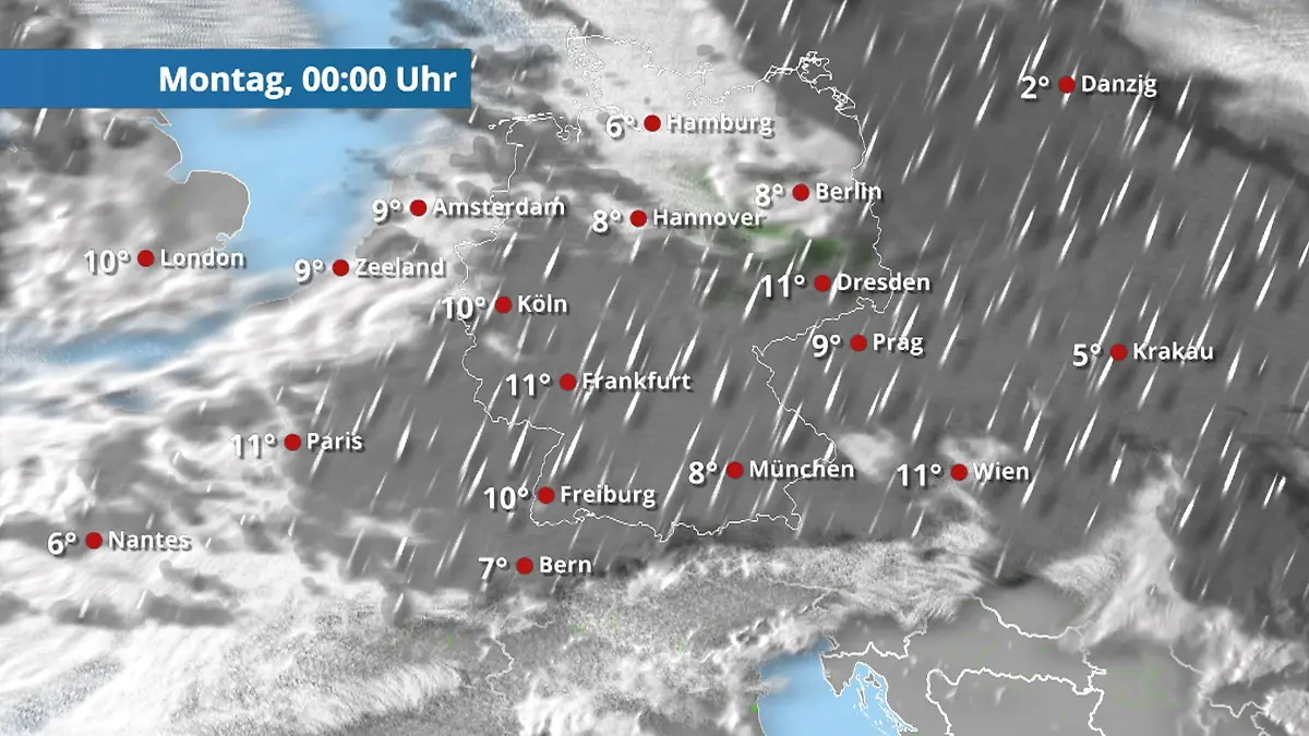 Der Regen- und Wolkenfilm für die kommenden 48 Stunden Regen und Schnee