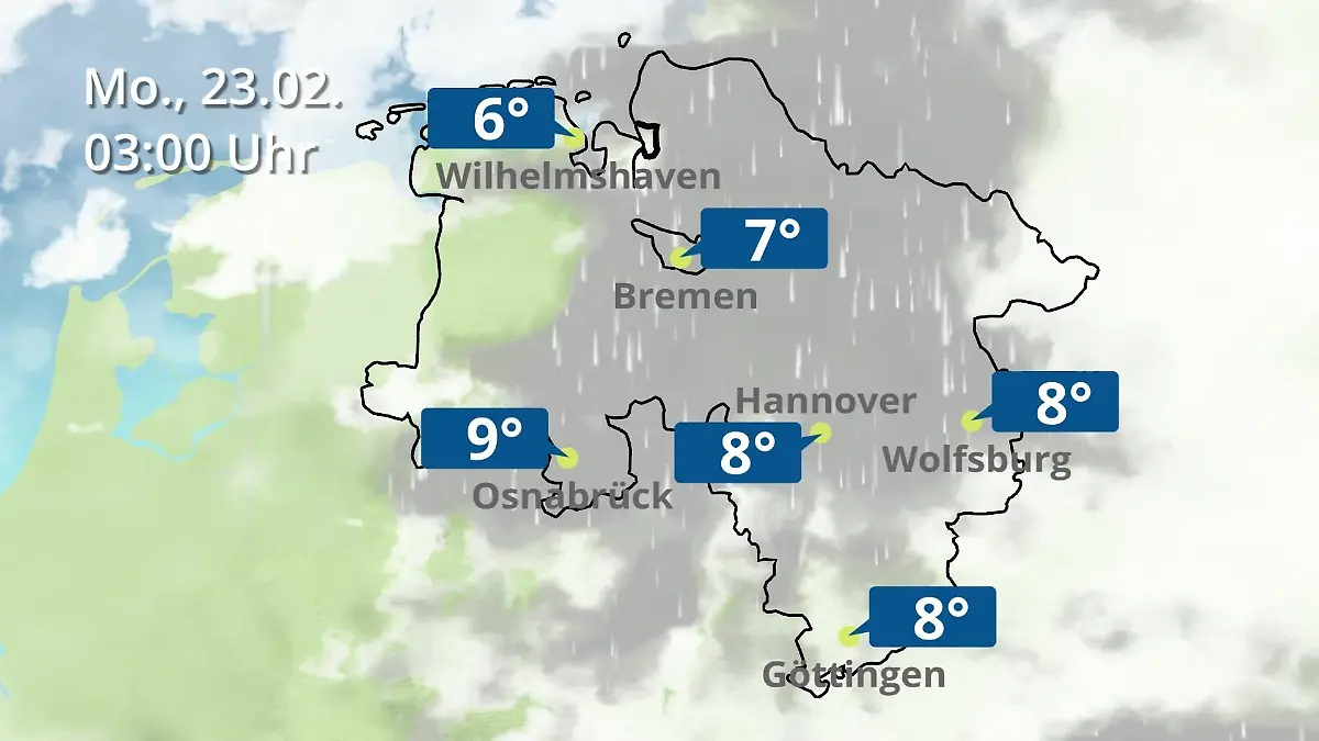 Bremen und Niedersachsen: Wie wird das Wetter? Regen- und Wolkenfilm für Hannover, Osnabrück und Wolfsburg