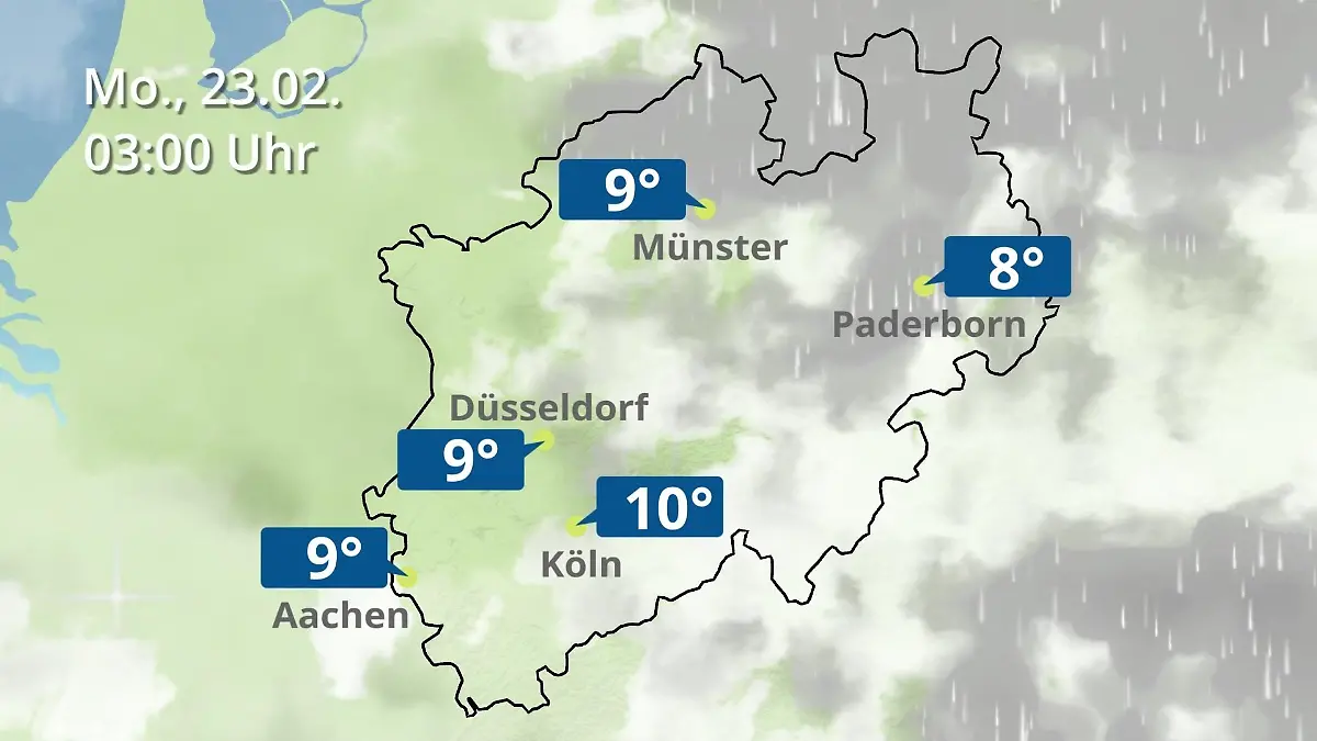 Nordrhein-Westfalen: Wie wird das Wetter? Regen- und Wolkenfilm für Köln, Düsseldorf und Münster